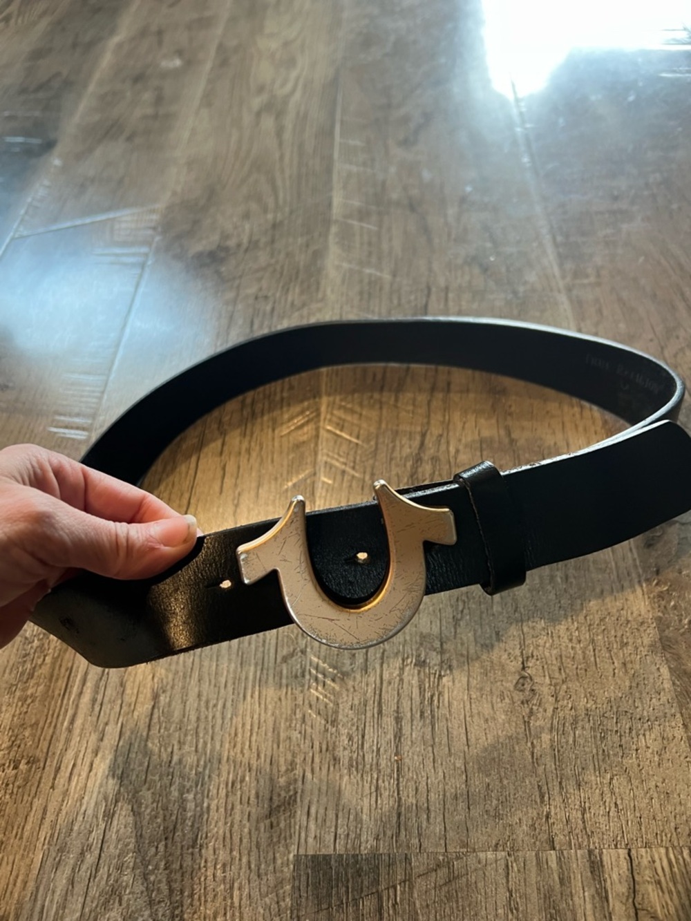 True Religion Black Leather Belt with Silver Horseshoe Buckle